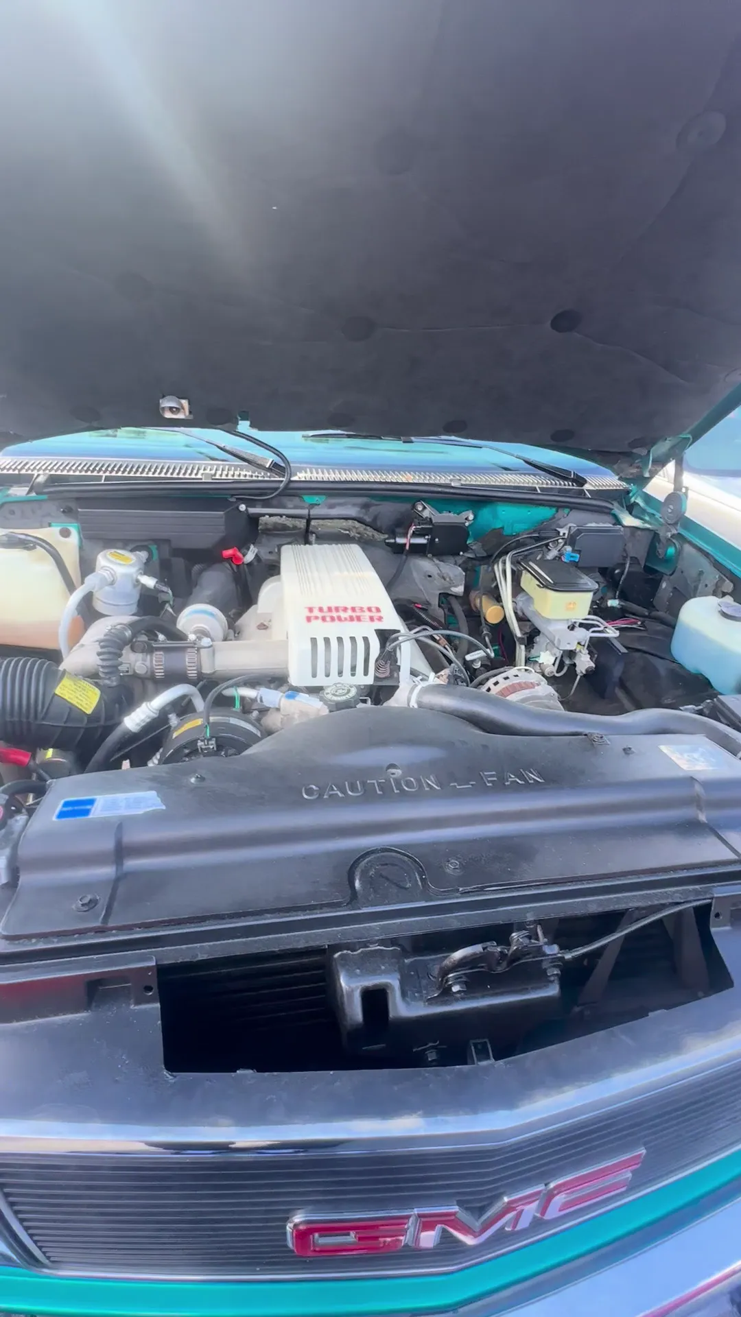 Engine bay of 1993 GMC 3500 Club Coupe Long Bed
